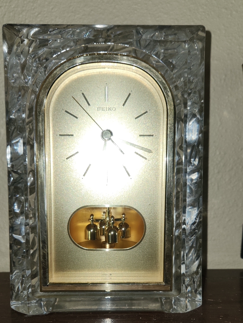 Seiko Gold Dial Clock with Clear Crystal Case